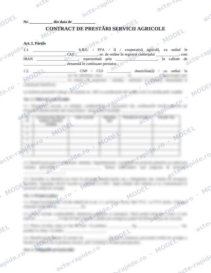 Model contract de prestări servicii agricole: prima pagină a modelului, parțial încețoșată