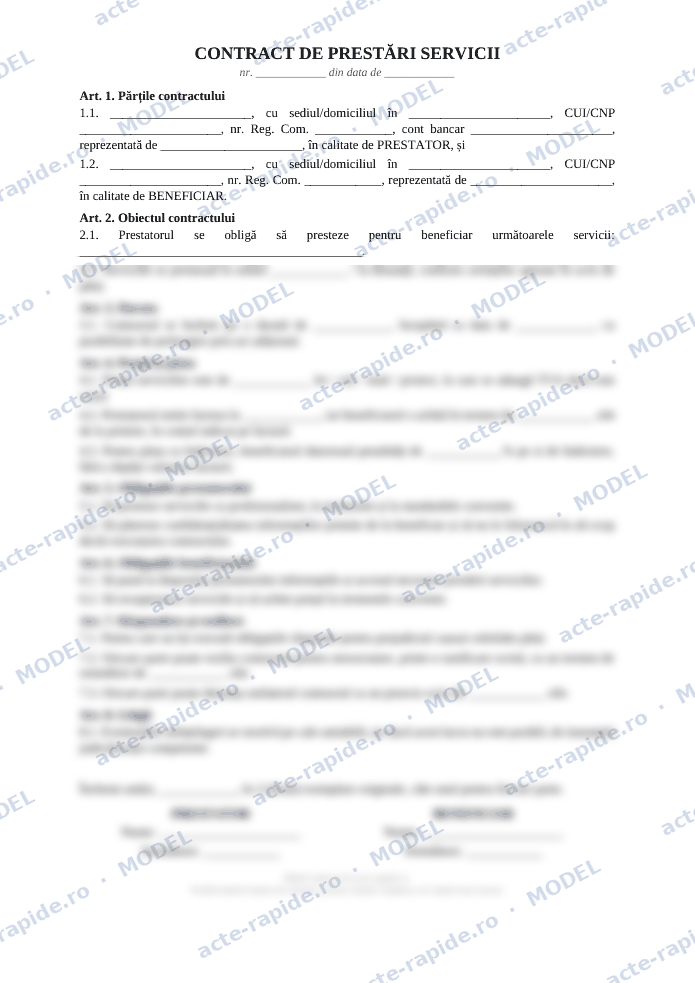 Model contract de prestări servicii: prima pagină a modelului, parțial încețoșată