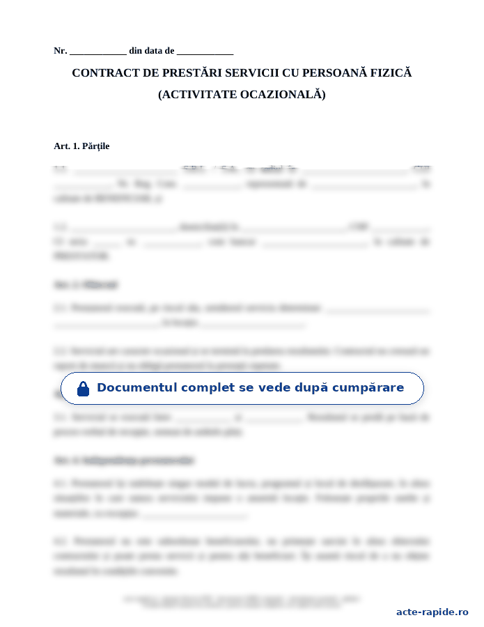 Model contract de prestări servicii cu persoană fizică neautorizată: prima pagină a modelului, parțial încețoșată