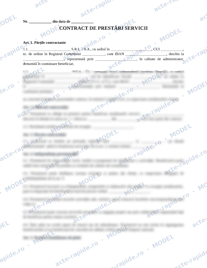 Model contract de prestări servicii cu PFA: prima pagină a modelului, parțial încețoșată