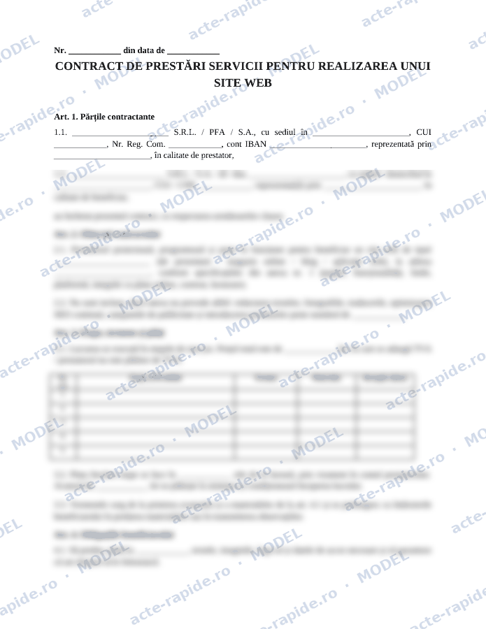 Model contract realizare site web: prima pagină a modelului, parțial încețoșată