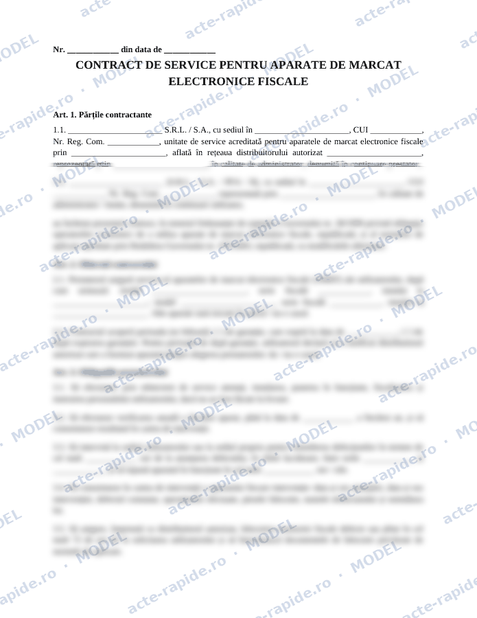 Model contract de service pentru casa de marcat: prima pagină a modelului, parțial încețoșată