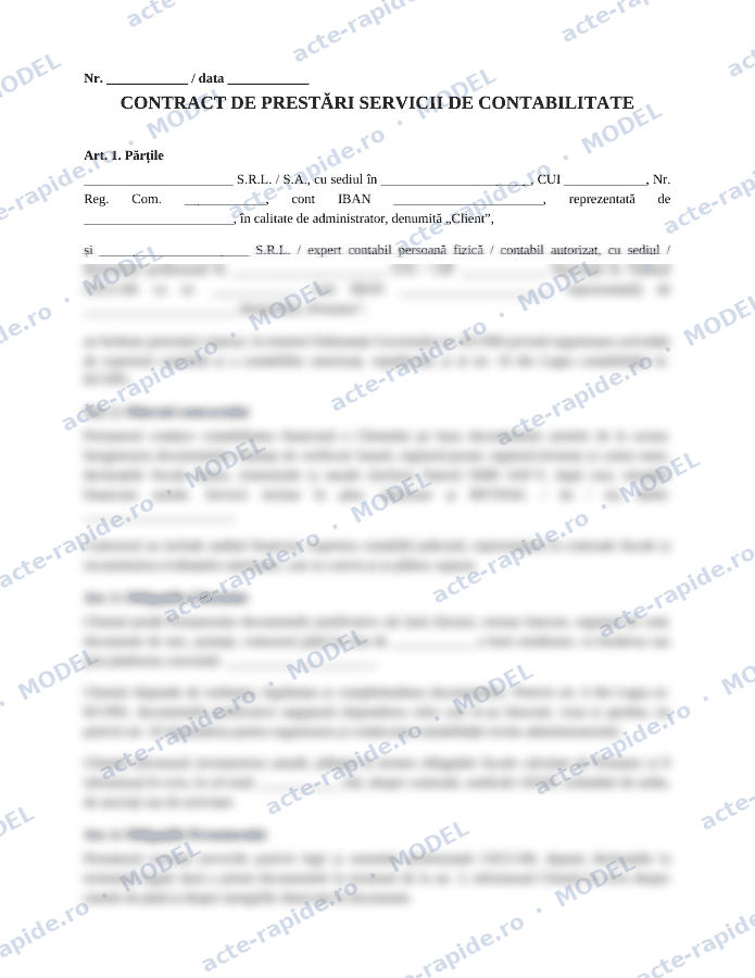 Model contract de prestări servicii de contabilitate: prima pagină a modelului, parțial încețoșată