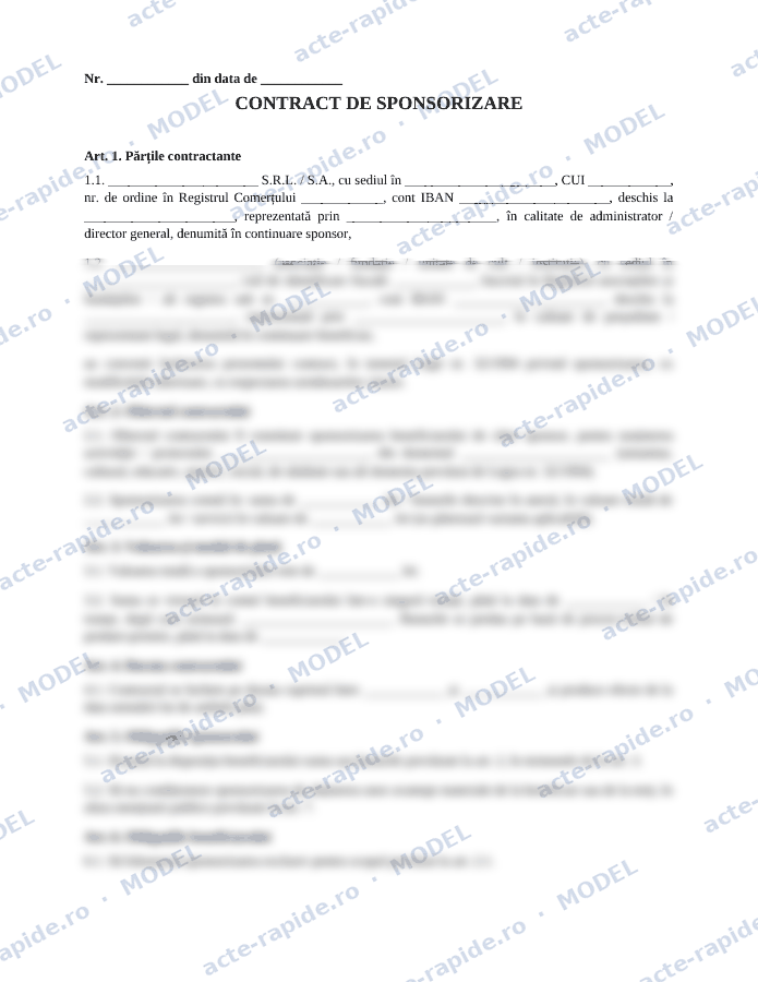 Model contract de sponsorizare: prima pagină a modelului, parțial încețoșată