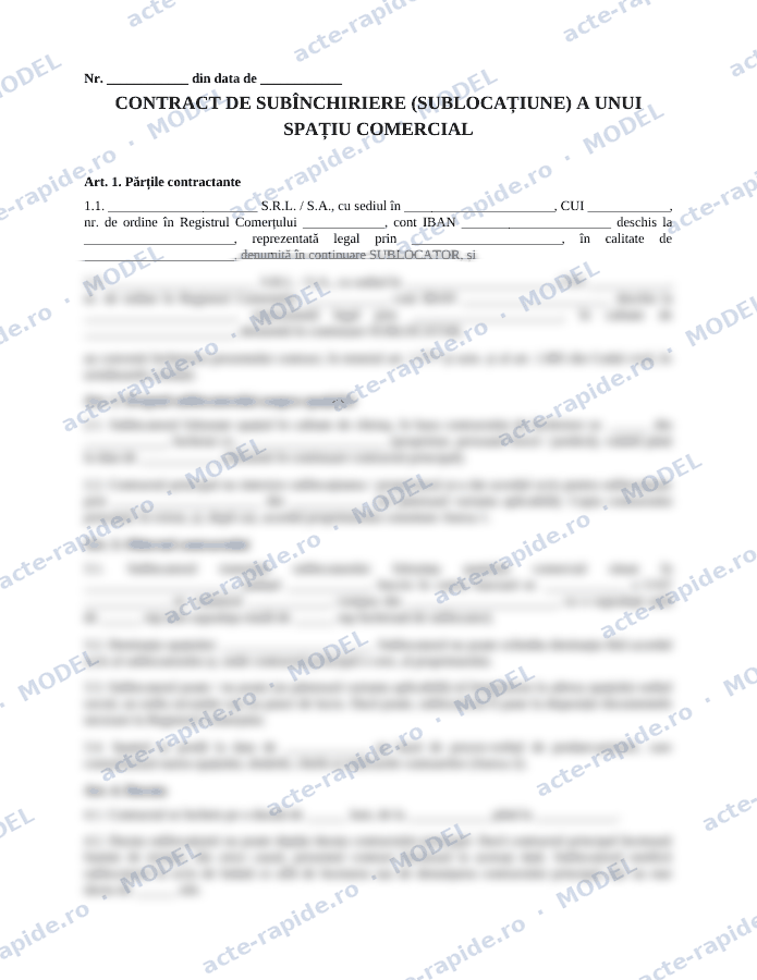 Model contract de subînchiriere spațiu comercial: prima pagină a modelului, parțial încețoșată