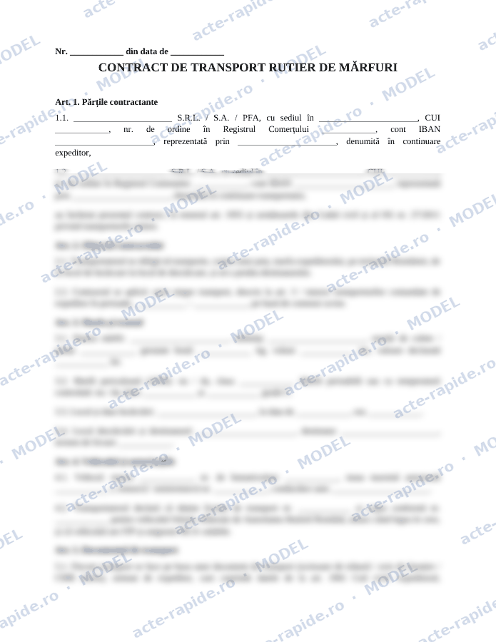 Model contract de transport rutier de mărfuri: prima pagină a modelului, parțial încețoșată