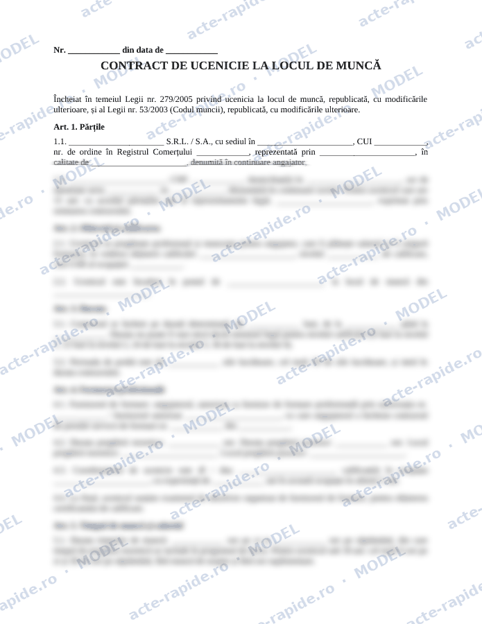 Model contract de ucenicie la locul de muncă: prima pagină a modelului, parțial încețoșată