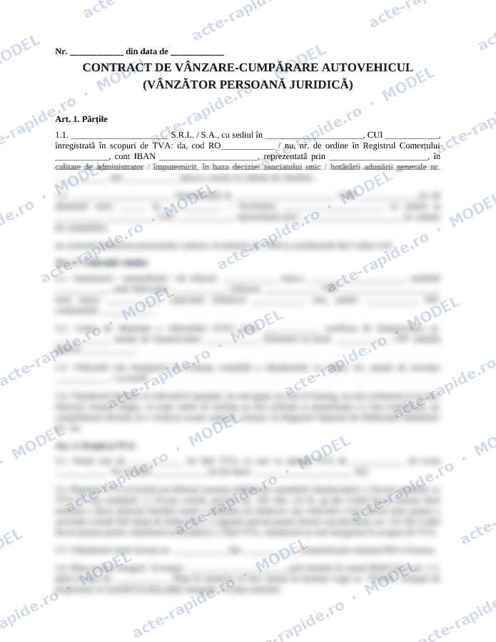 Model contract de vânzare-cumpărare auto de pe firmă: prima pagină a modelului, parțial încețoșată