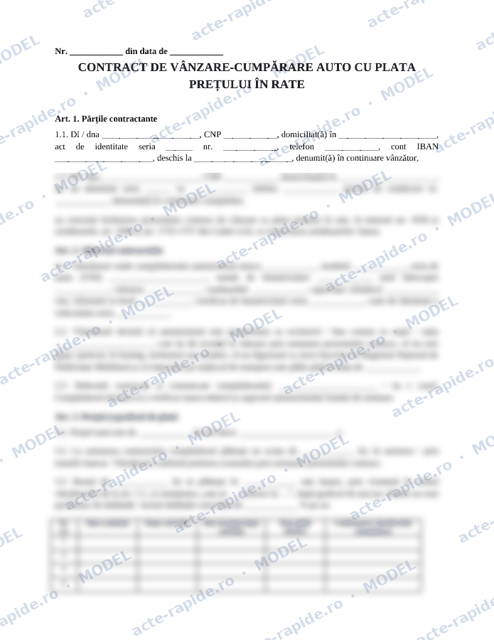 Model contract de vânzare-cumpărare auto în rate: prima pagină a modelului, parțial încețoșată