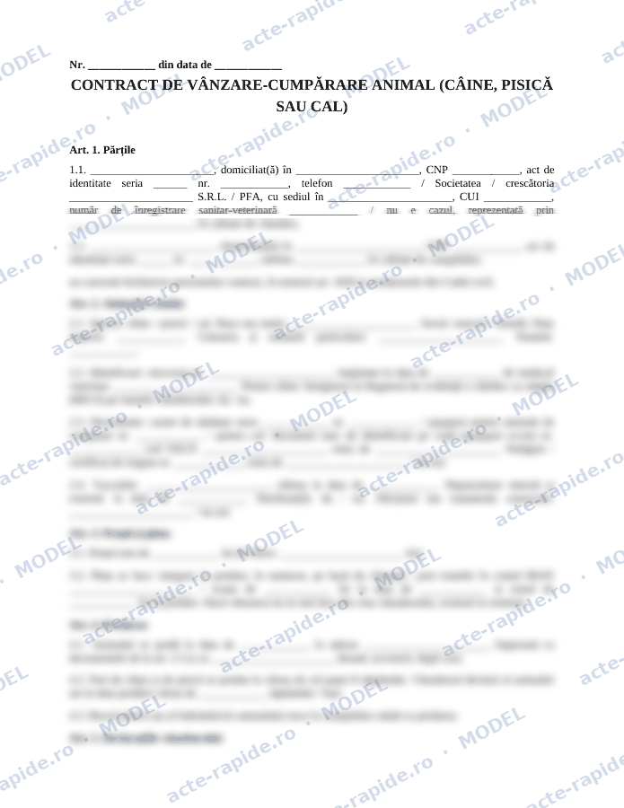 Model contract de vânzare-cumpărare animal de companie sau cal: prima pagină a modelului, parțial încețoșată
