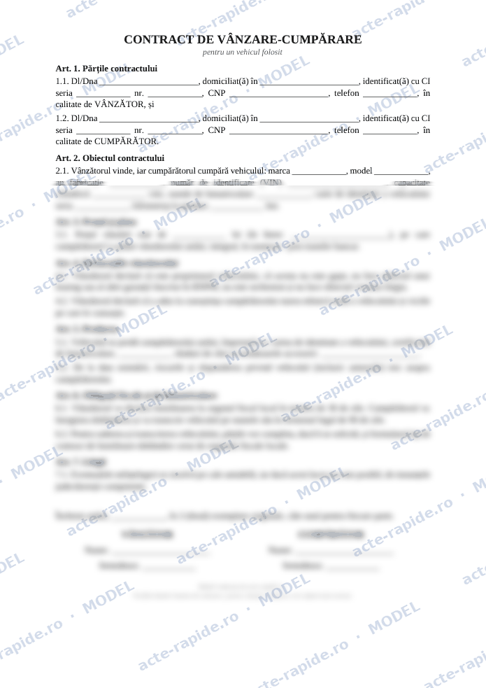 Model contract de vânzare-cumpărare auto: prima pagină a modelului, parțial încețoșată