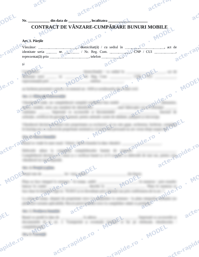 Model contract de vânzare-cumpărare bunuri mobile: prima pagină a modelului, parțial încețoșată