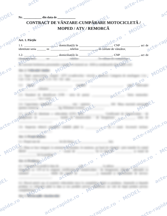 Model contract de vânzare-cumpărare motocicletă, moped, ATV sau remorcă: prima pagină a modelului, parțial încețoșată