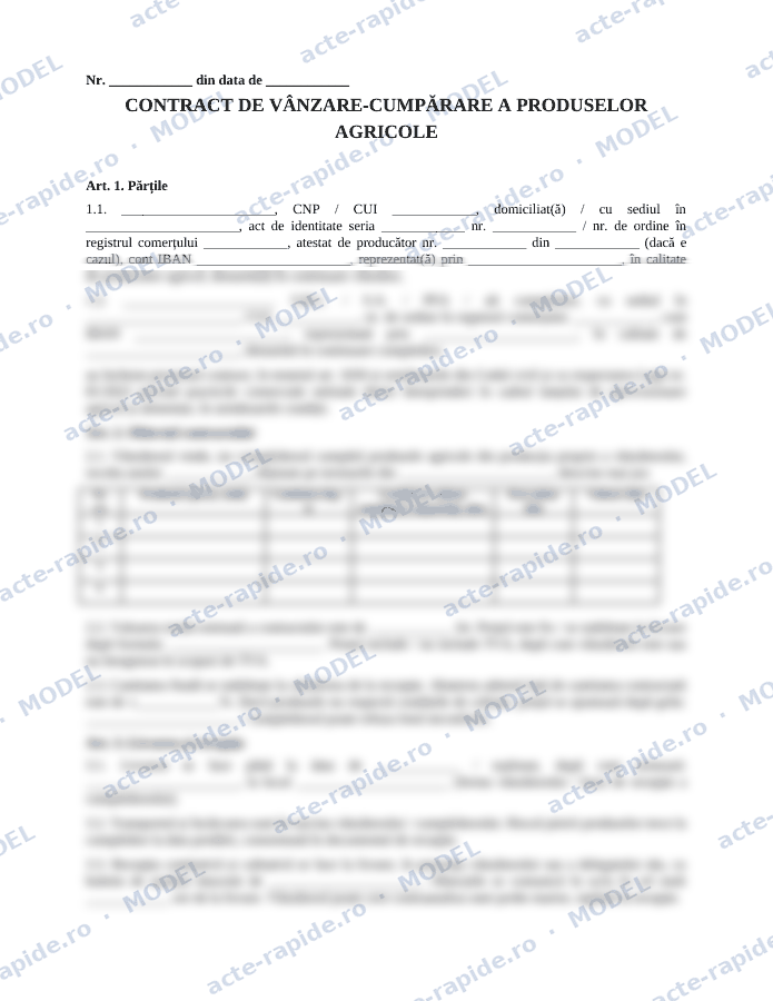Model contract de vânzare-cumpărare a produselor agricole: prima pagină a modelului, parțial încețoșată