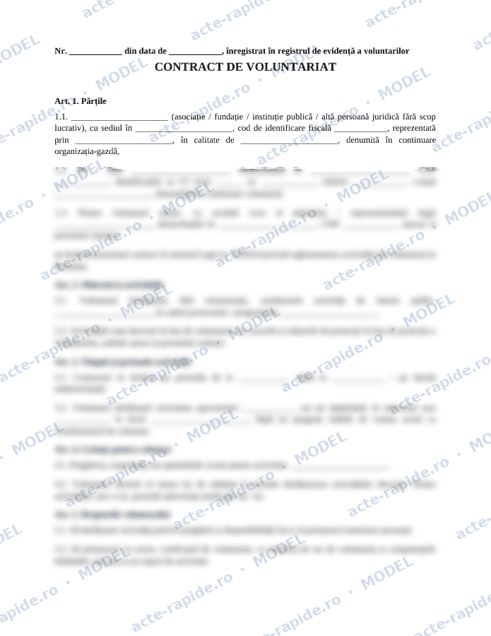 Model contract de voluntariat: prima pagină a modelului, parțial încețoșată