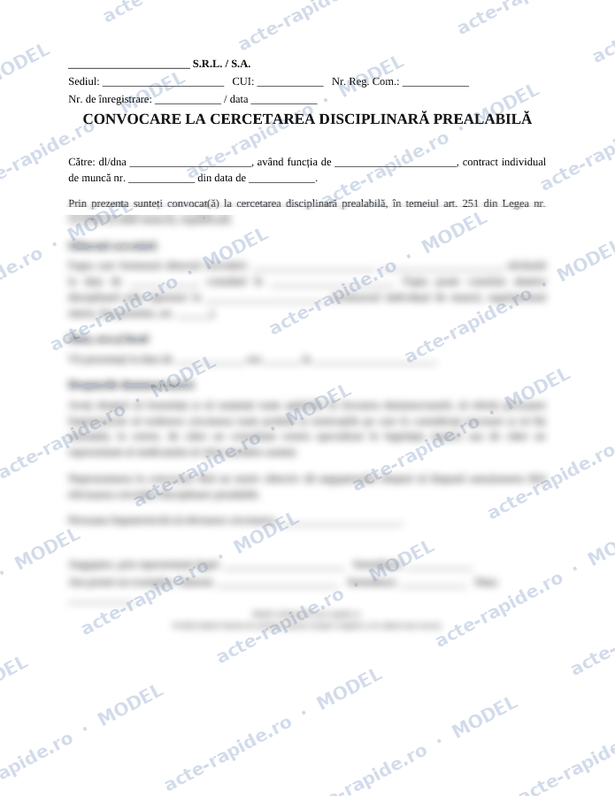 Model convocare la cercetarea disciplinară prealabilă: prima pagină a modelului, parțial încețoșată