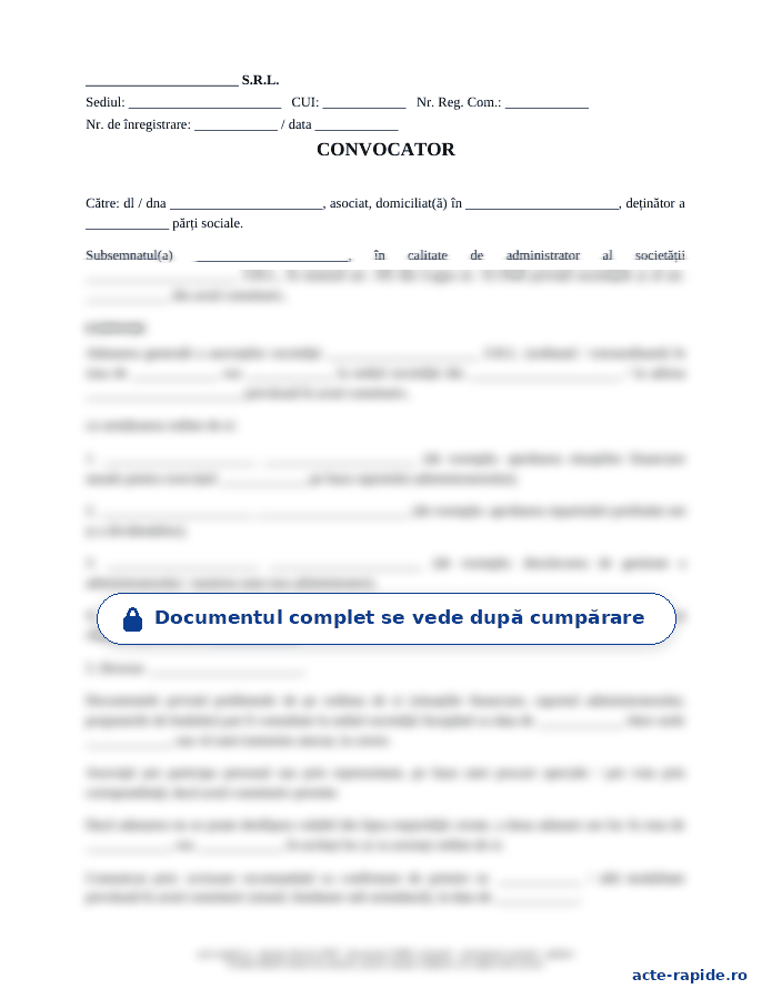Model convocator AGA SRL: prima pagină a modelului, parțial încețoșată