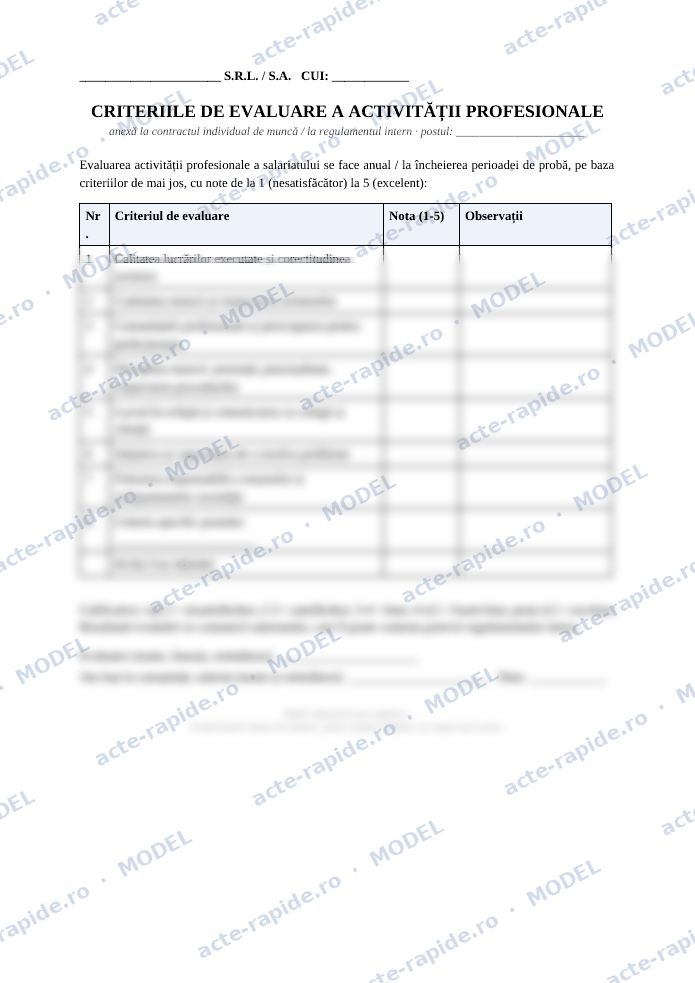 Model criterii de evaluare a salariaților: prima pagină a modelului, parțial încețoșată