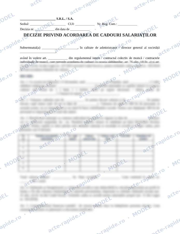 Model decizie de acordare a cadourilor: prima pagină a modelului, parțial încețoșată