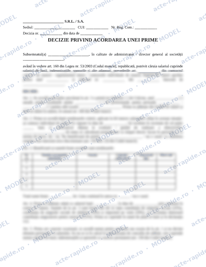 Model decizie de acordare a primei: prima pagină a modelului, parțial încețoșată