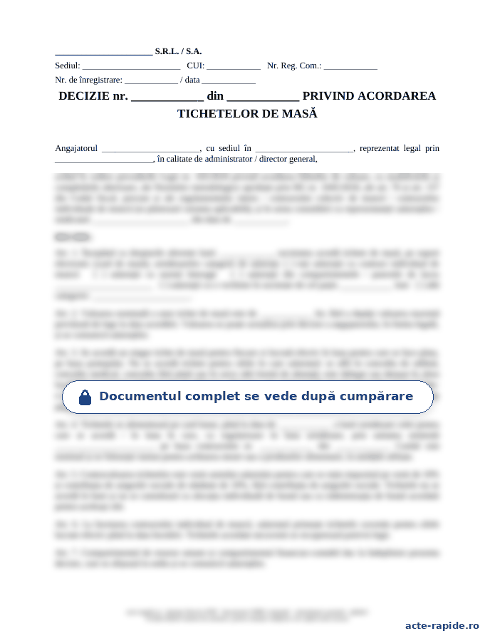 Model decizie de acordare a tichetelor de masă: prima pagină a modelului, parțial încețoșată