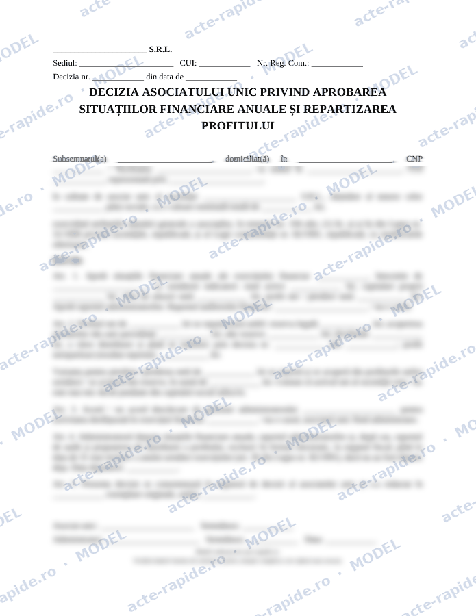Model decizie a asociatului unic de aprobare a situațiilor financiare: prima pagină a modelului, parțial încețoșată