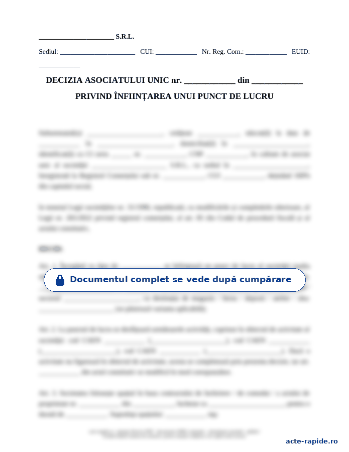 Model decizie a asociatului unic de deschidere a punctului de lucru: prima pagină a modelului, parțial încețoșată