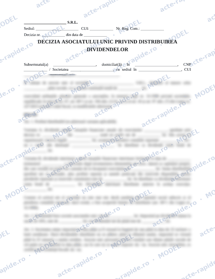Model decizie a asociatului unic privind distribuirea dividendelor: prima pagină a modelului, parțial încețoșată