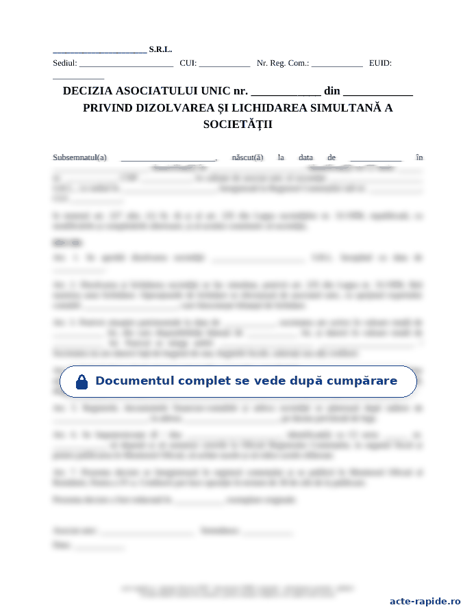 Model decizie a asociatului unic de dizolvare și lichidare simultană: prima pagină a modelului, parțial încețoșată