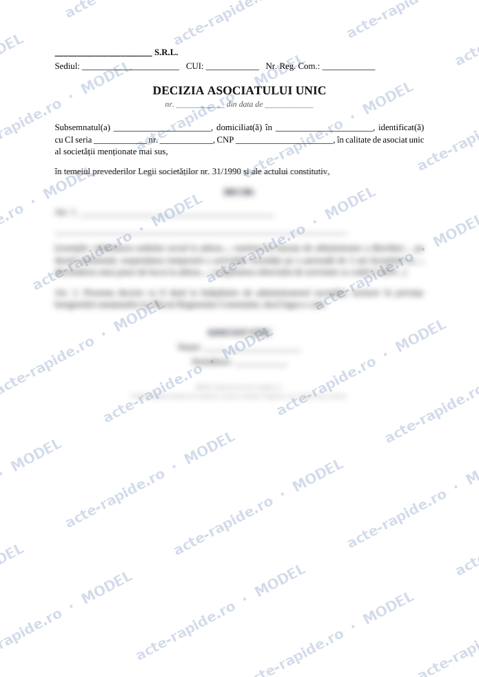 Model decizie a asociatului unic: prima pagină a modelului, parțial încețoșată