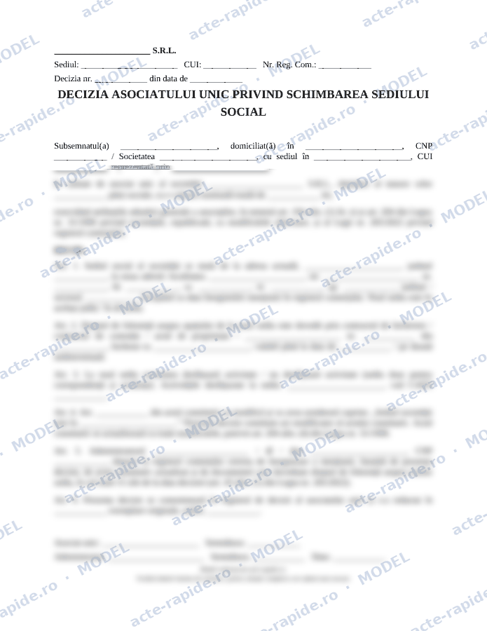 Model decizie a asociatului unic de schimbare a sediului social: prima pagină a modelului, parțial încețoșată