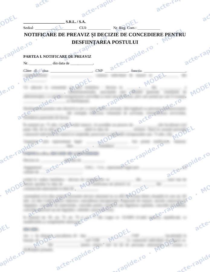Model decizie de concediere pentru desființarea postului: prima pagină a modelului, parțial încețoșată