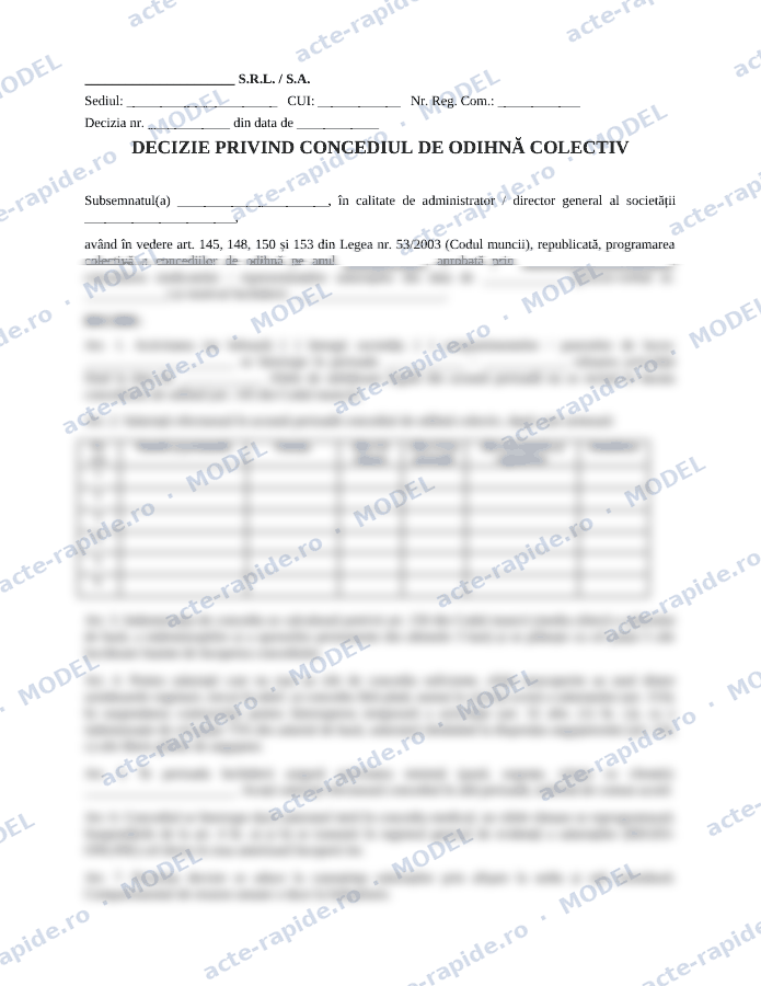 Model decizie de concediu colectiv: prima pagină a modelului, parțial încețoșată