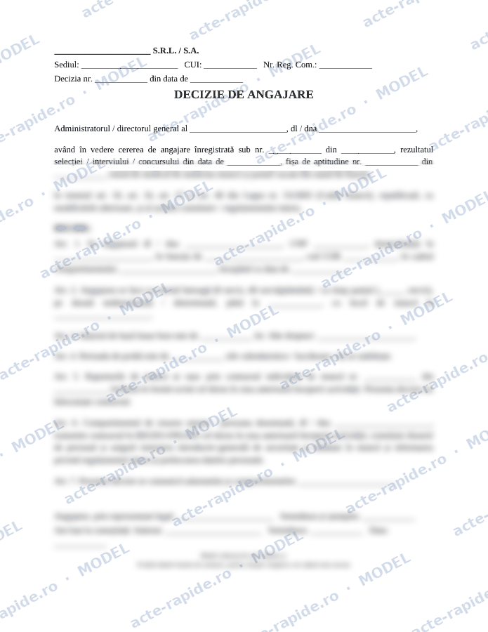 Model decizie de angajare: prima pagină a modelului, parțial încețoșată
