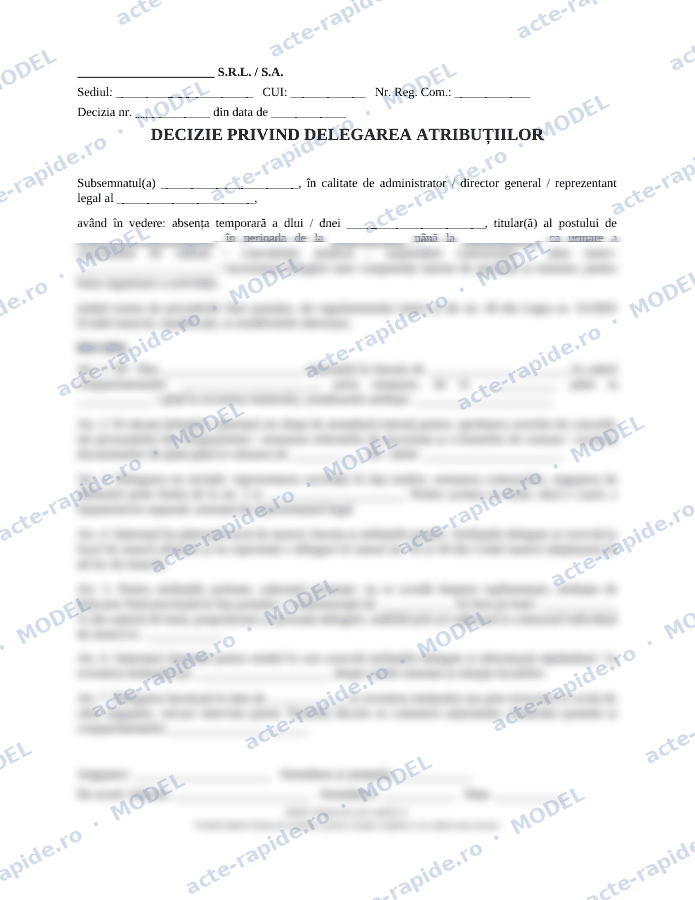 Model decizie de delegare a atribuțiilor: prima pagină a modelului, parțial încețoșată
