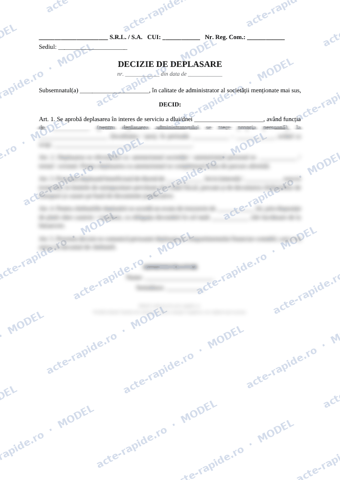 Model decizie de deplasare: prima pagină a modelului, parțial încețoșată