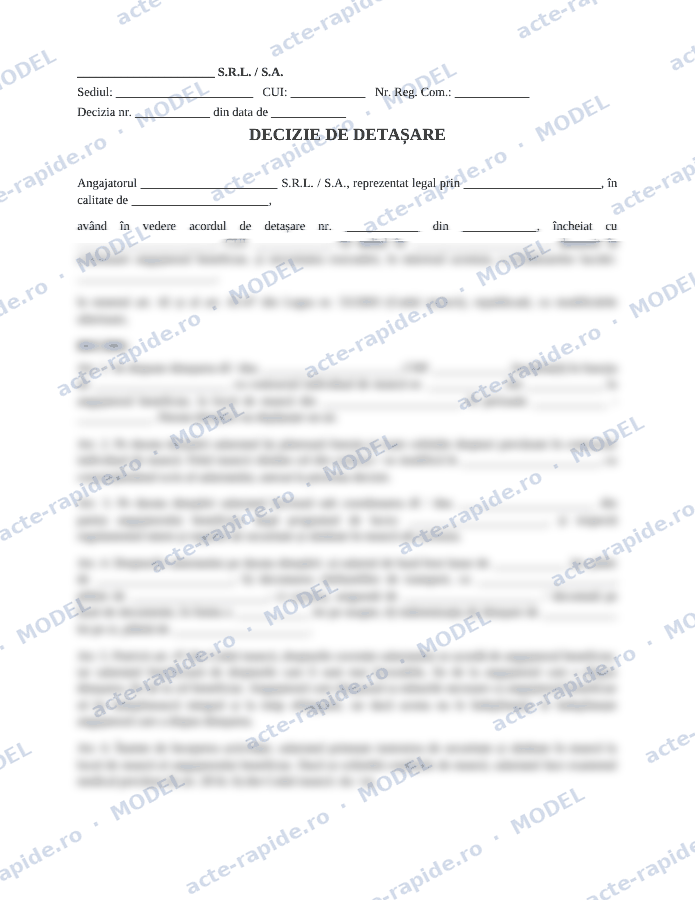 Model decizie de detașare: prima pagină a modelului, parțial încețoșată