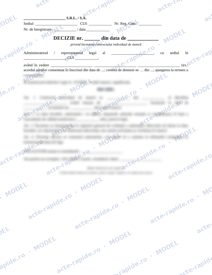 Model decizie de încetare a contractului de muncă: prima pagină a modelului, parțial încețoșată