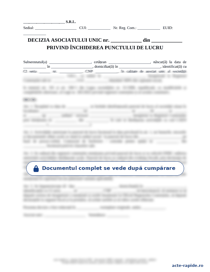 Model decizie de închidere a punctului de lucru: prima pagină a modelului, parțial încețoșată