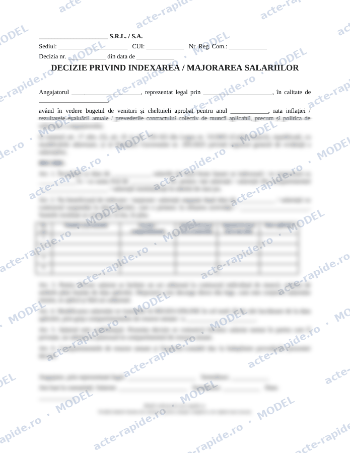 Model decizie de indexare a salariilor: prima pagină a modelului, parțial încețoșată