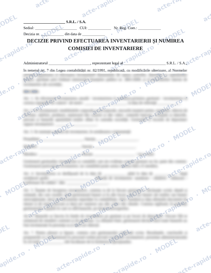 Model decizie de inventariere: prima pagină a modelului, parțial încețoșată