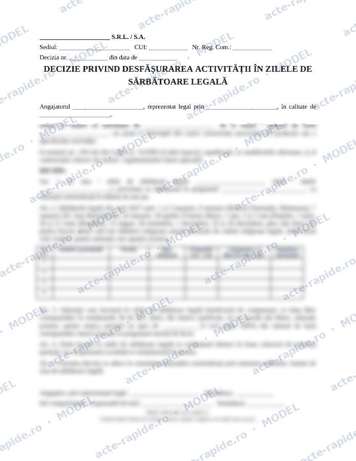 Model decizie privind lucrul în zilele de sărbătoare legală (2027): prima pagină a modelului, parțial încețoșată