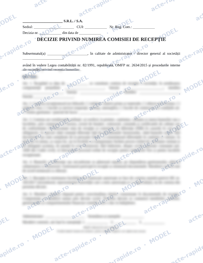 Model decizie de numire a comisiei de recepție: prima pagină a modelului, parțial încețoșată