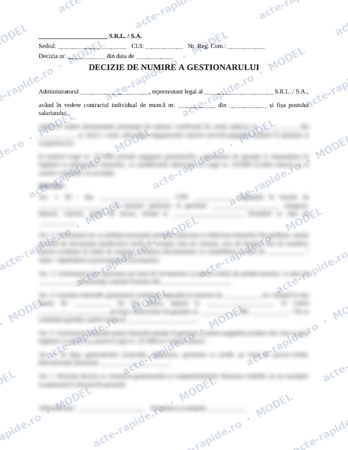 Model decizie de numire a gestionarului: prima pagină a modelului, parțial încețoșată