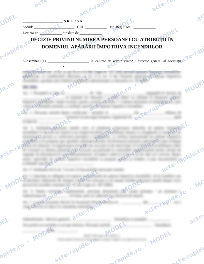 Model decizie de numire a responsabilului PSI: prima pagină a modelului, parțial încețoșată
