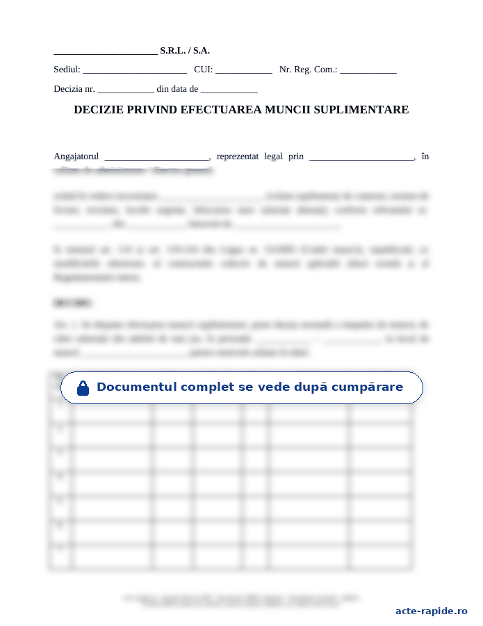 Model decizie ore suplimentare: prima pagină a modelului, parțial încețoșată