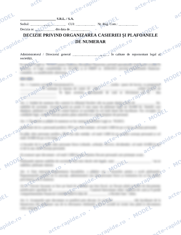 Model decizie privind plafonul de casă și numirea casierului: prima pagină a modelului, parțial încețoșată