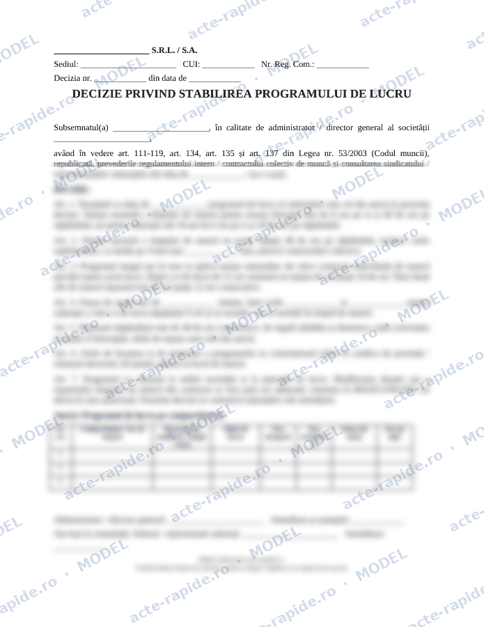 Model decizie privind programul de lucru: prima pagină a modelului, parțial încețoșată