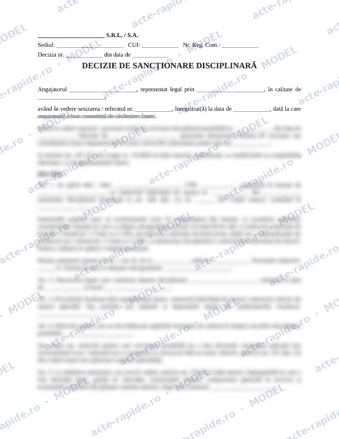 Model decizie de sancționare disciplinară: prima pagină a modelului, parțial încețoșată