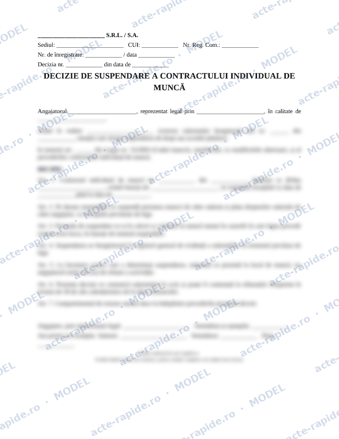 Model decizie de suspendare a contractului de muncă: prima pagină a modelului, parțial încețoșată